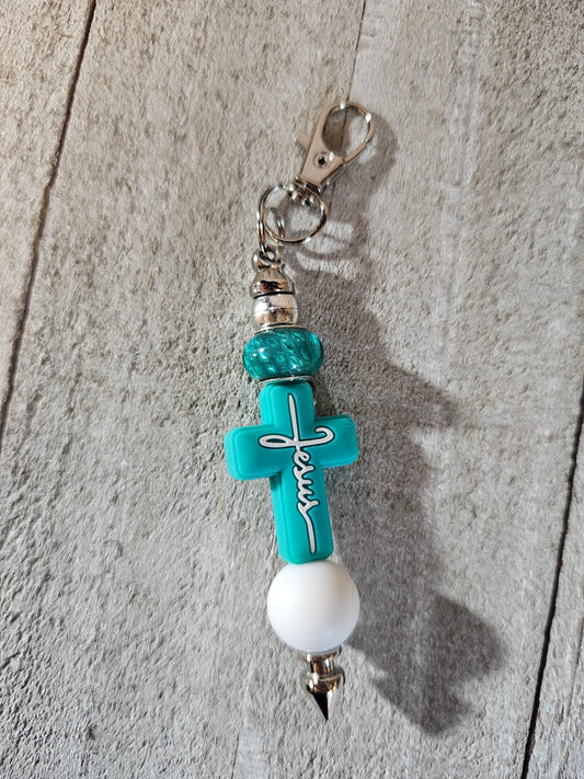 Teal cross beaded keychain