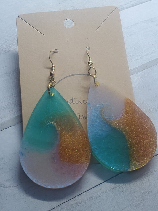 gold and teal large teardrop earrings