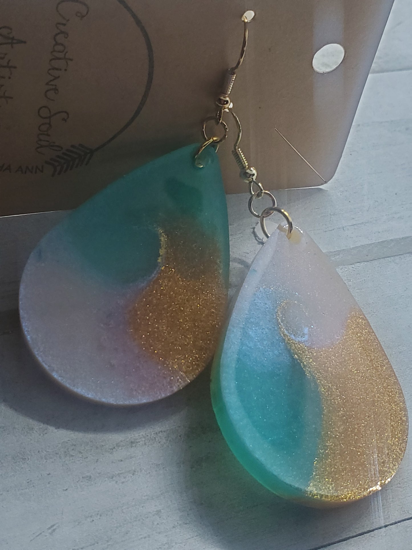 gold and teal large teardrop earrings