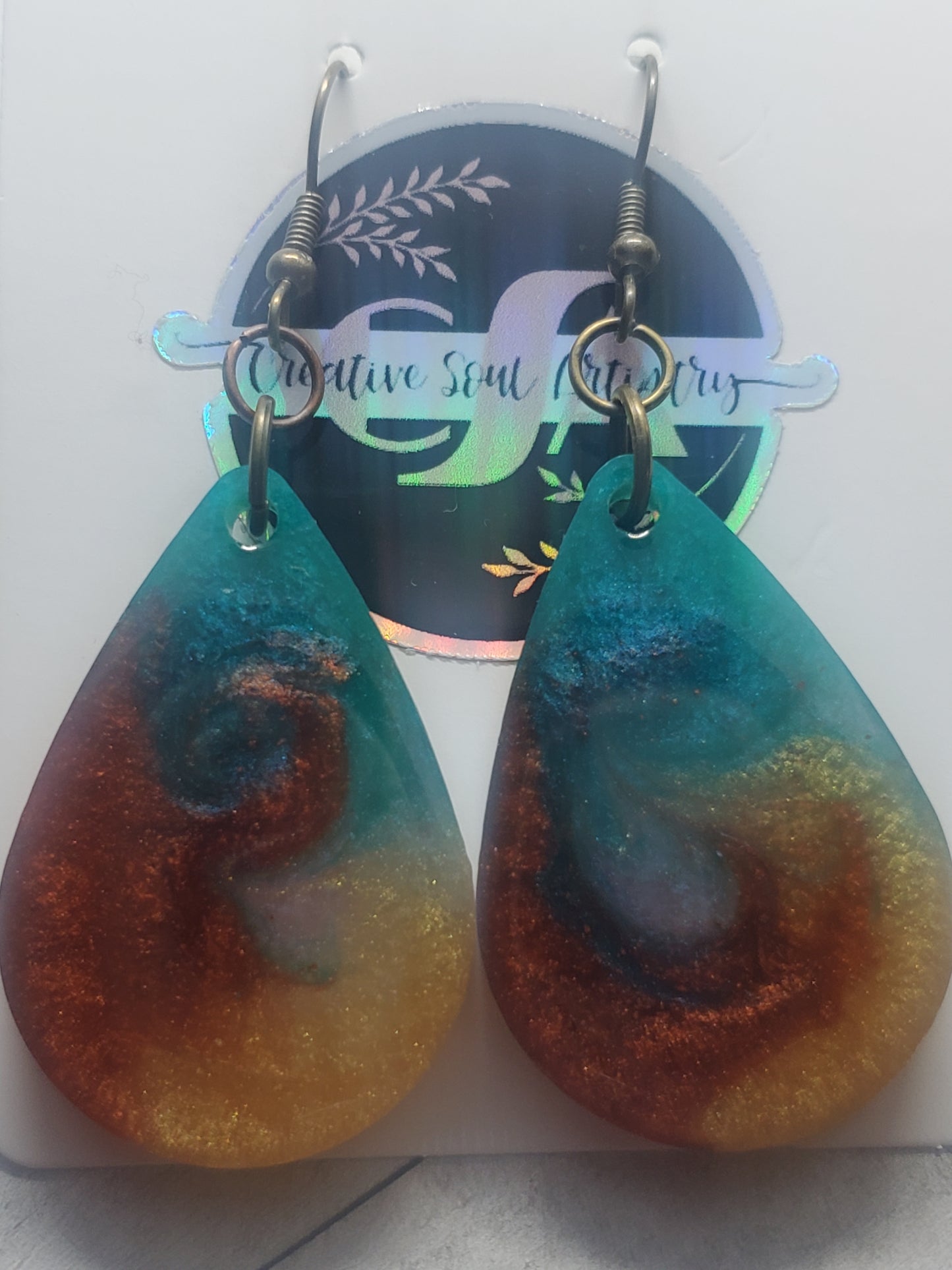 amber, gold, and teal teardrop earrings