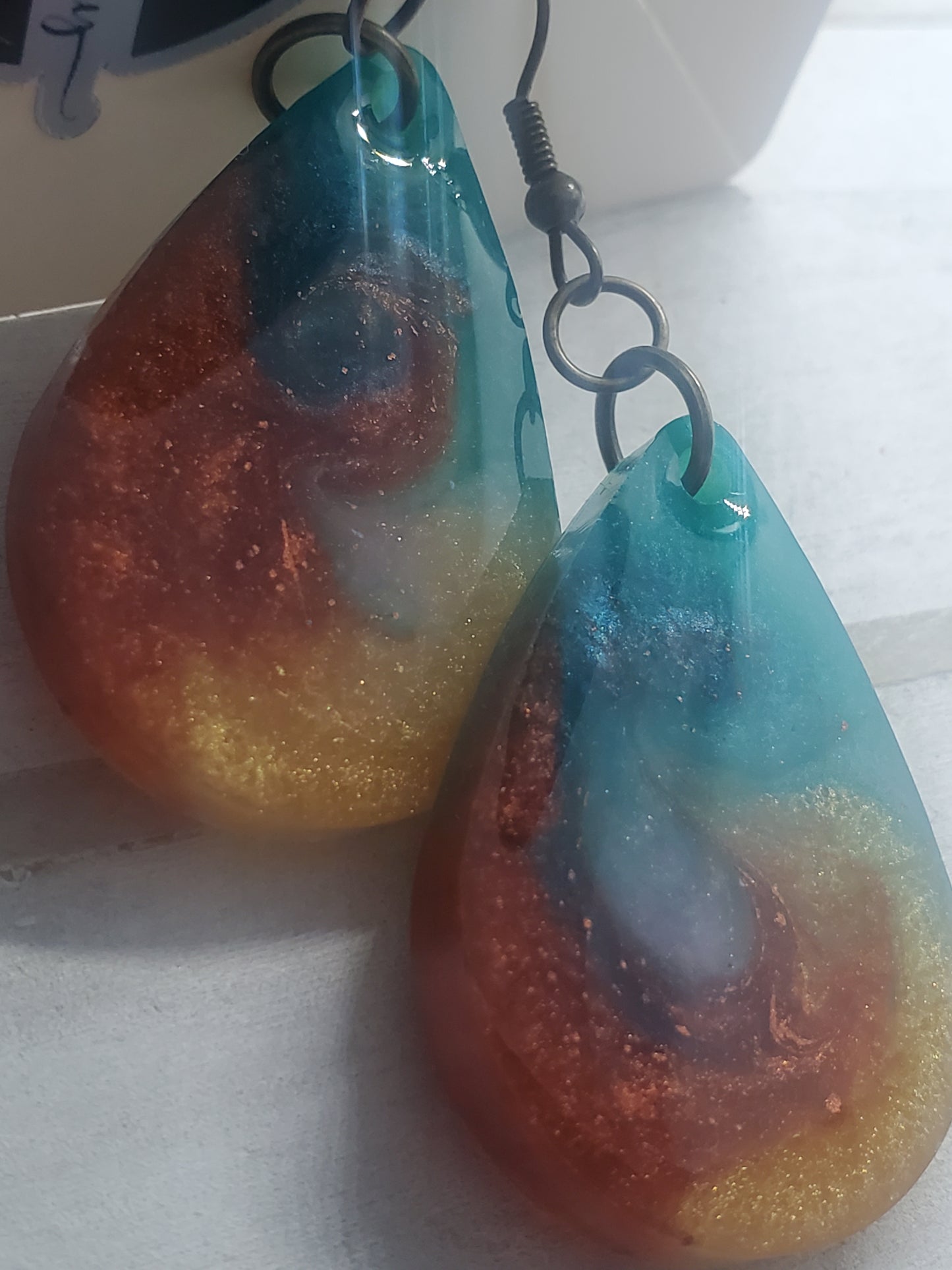 amber, gold, and teal teardrop earrings