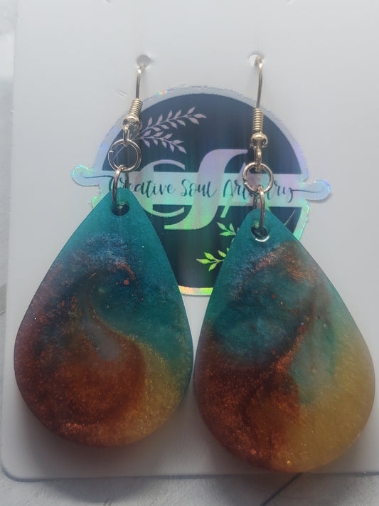 amber, gold, and teal earrings in gold