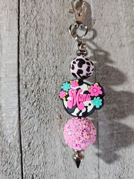 Mama cow print beaded keychain