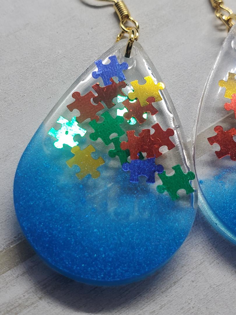 Blue autism resin earrings