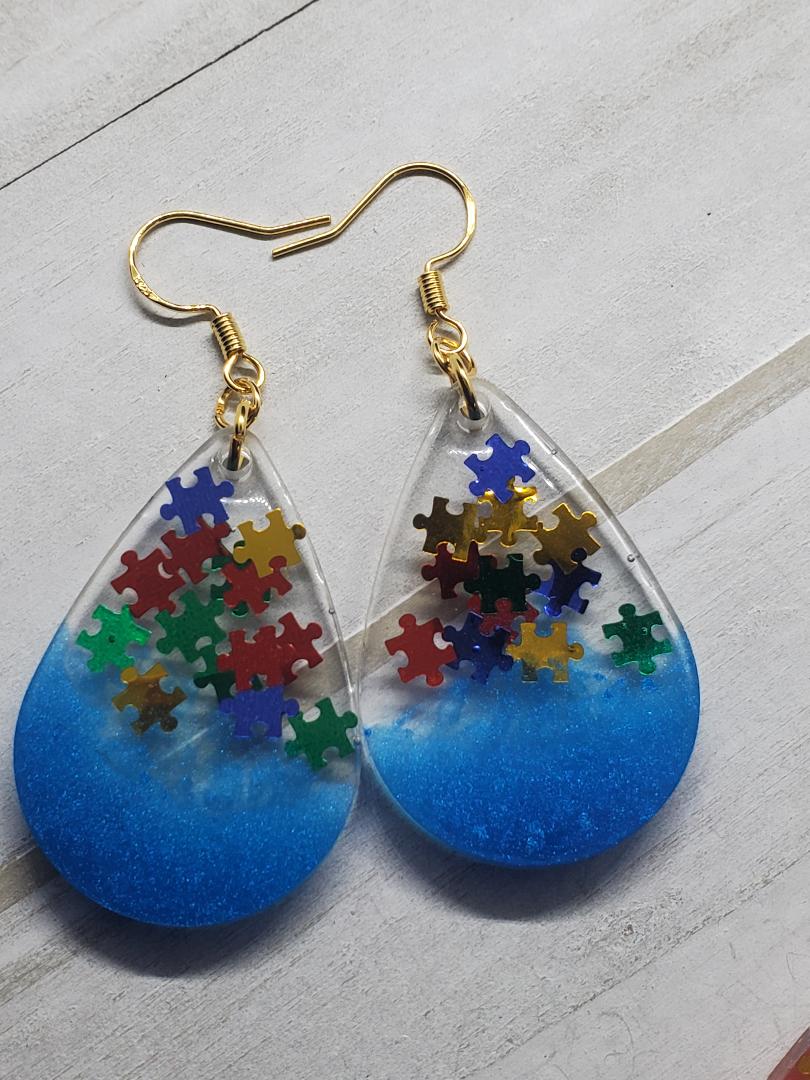 Blue autism resin earrings