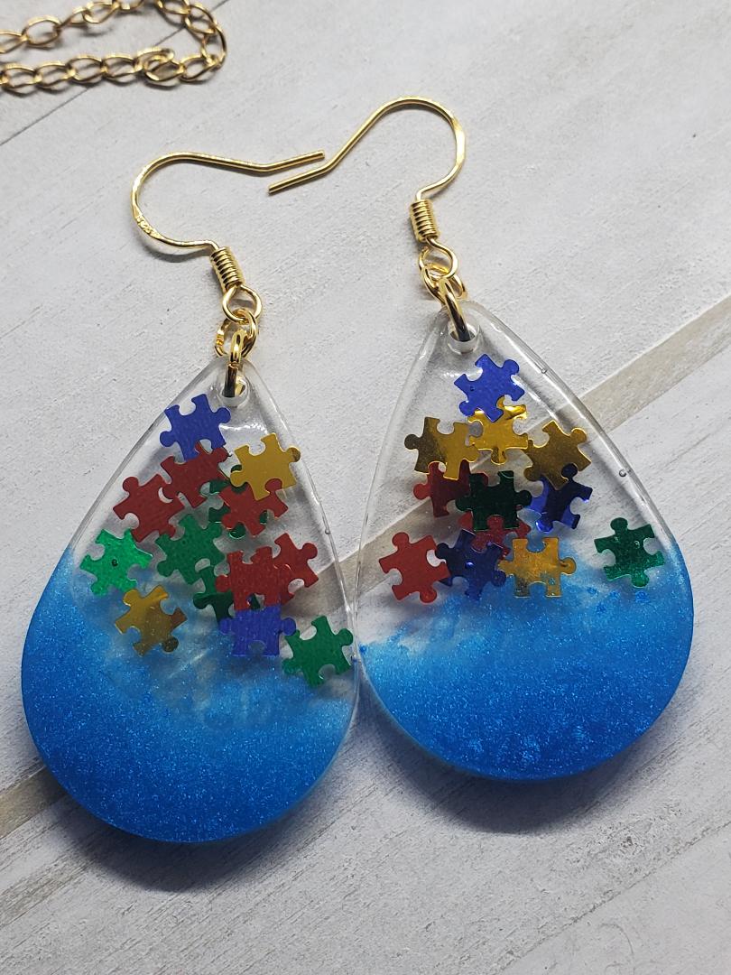 Blue autism resin earrings