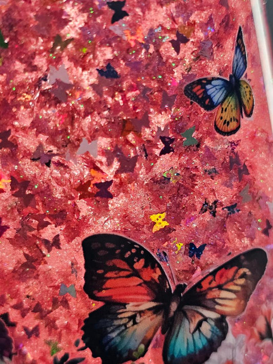 Pre-made skull and butterflies pink glitter snowglobe tumbler