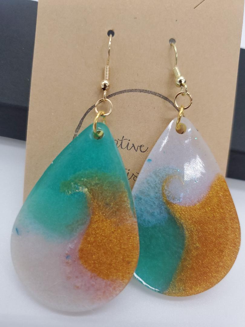 teal and gold swirl earrings